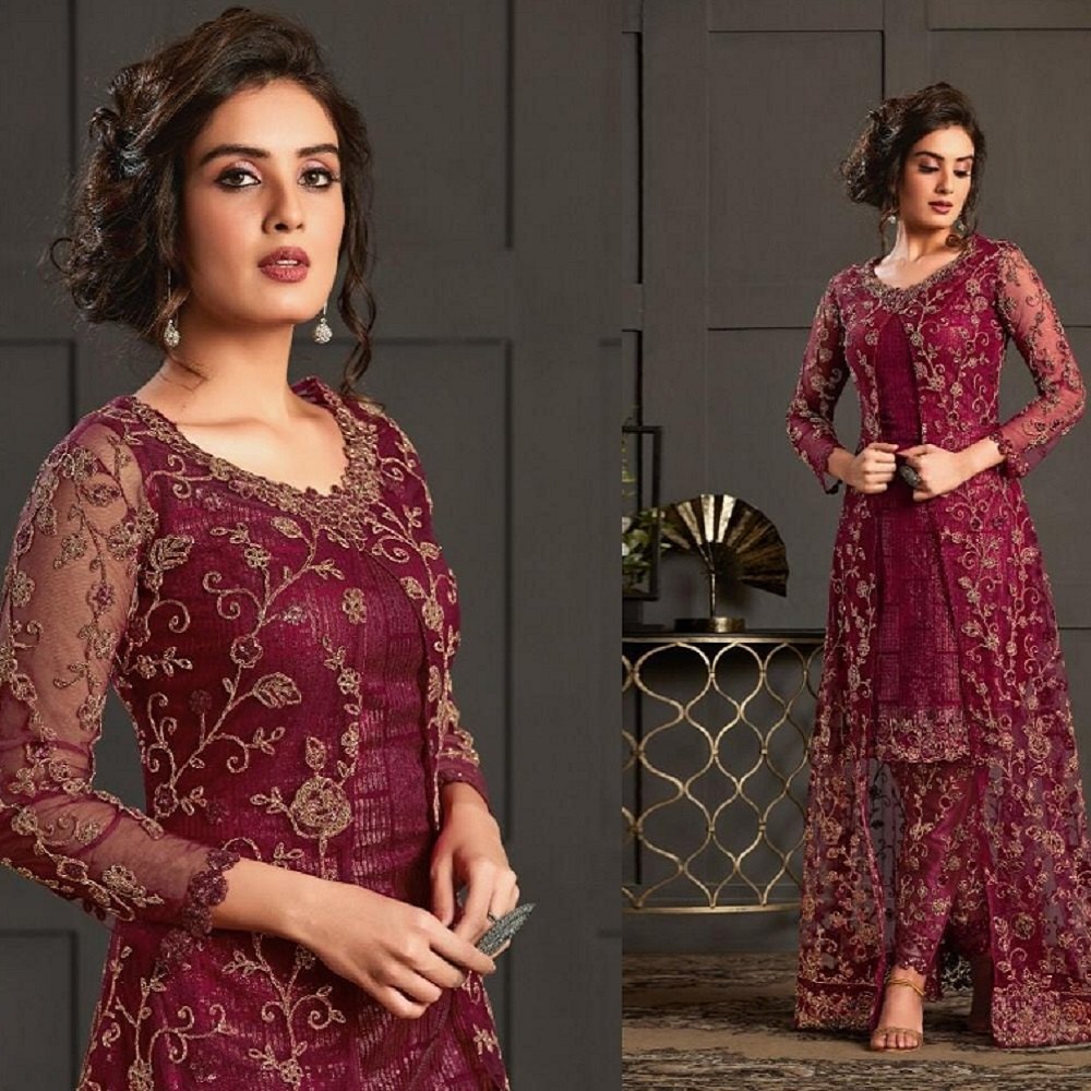 best online ethnic purple colour women suit with net work embroidery smtraders amritsar